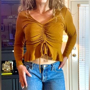 Mustard Long Sleeve Singe Ruffled Crop Top